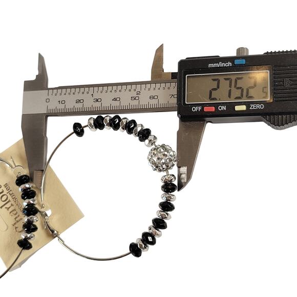 Large Black Beaded Hoop Earrings 3" Silver Tone Rhinestone Accent Pierced Trendy - Picture 6 of 8